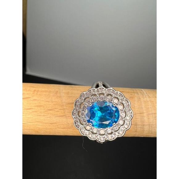 Blue and white CZ halo sterling silver ring size 8 - Picture 9 of 11